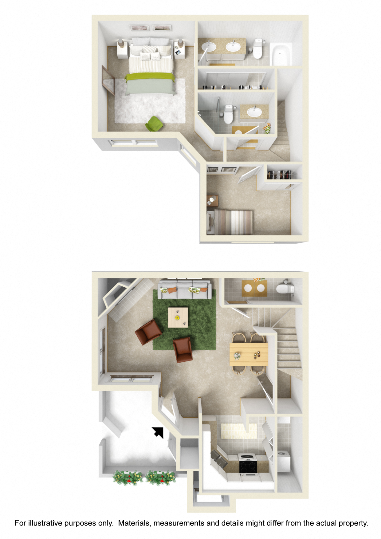 Floor plan for 2 beds, 2.5 baths, 985 sqft